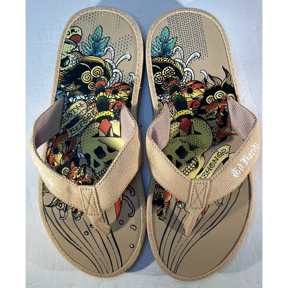ED HARDY Death Before Dishonor,  Brown sandals, flip flops, slides. Men's size 8